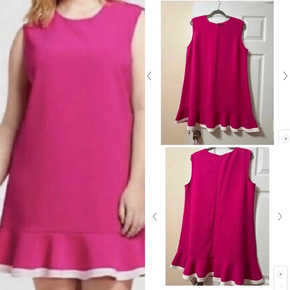 Victoria Beckham Sz 1X Bright Pink With Flounce in White Piping Shift Dress - Picture 1 of 4